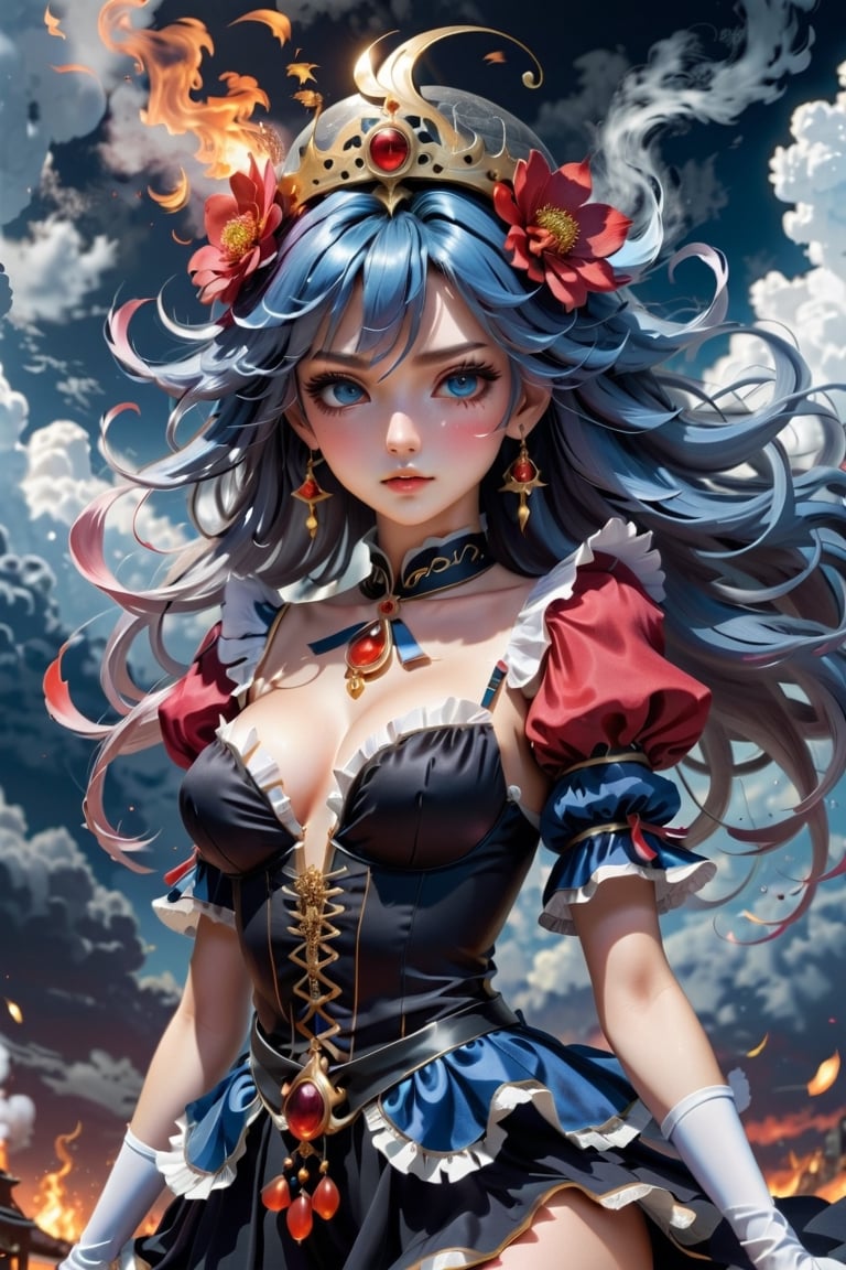 (((masterpiece))),best quality, illustration,beautiful detailed glow,(beautiful detailed eyes), (dark magician girl:1.1),big forhead,flower,large top sleeves,Floating ashes, Beautiful and detailed explosion, red moon, fire,Fire cloud, Wings on fire, a cloudy sky, smoke of gunpowder, burning, black dress, (beautiful detailed eyes),expressionless,beautiful detailed white gloves, Dove of peace, (floating cloud:1.2),azure hair,disheveled hair,long bangs, hairs between eyes, black kneehighs, black ribbon,white bowties,midriff,{{{half closed eyes}}},