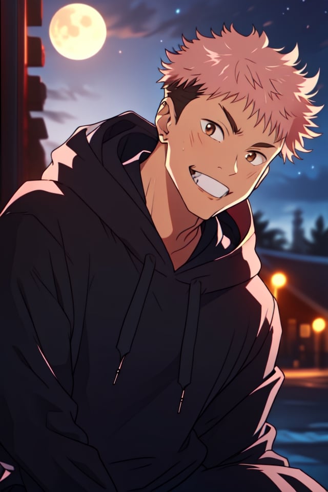 masterpiece,best quality,highly detailed character,1boy,solo,male focus,itadori_yuuji, pink hair, undercut,brown eyes,looking at viewer,smile, ,night,arms, black hoodie,black jeans, fangs,dead skin color,cute,shota