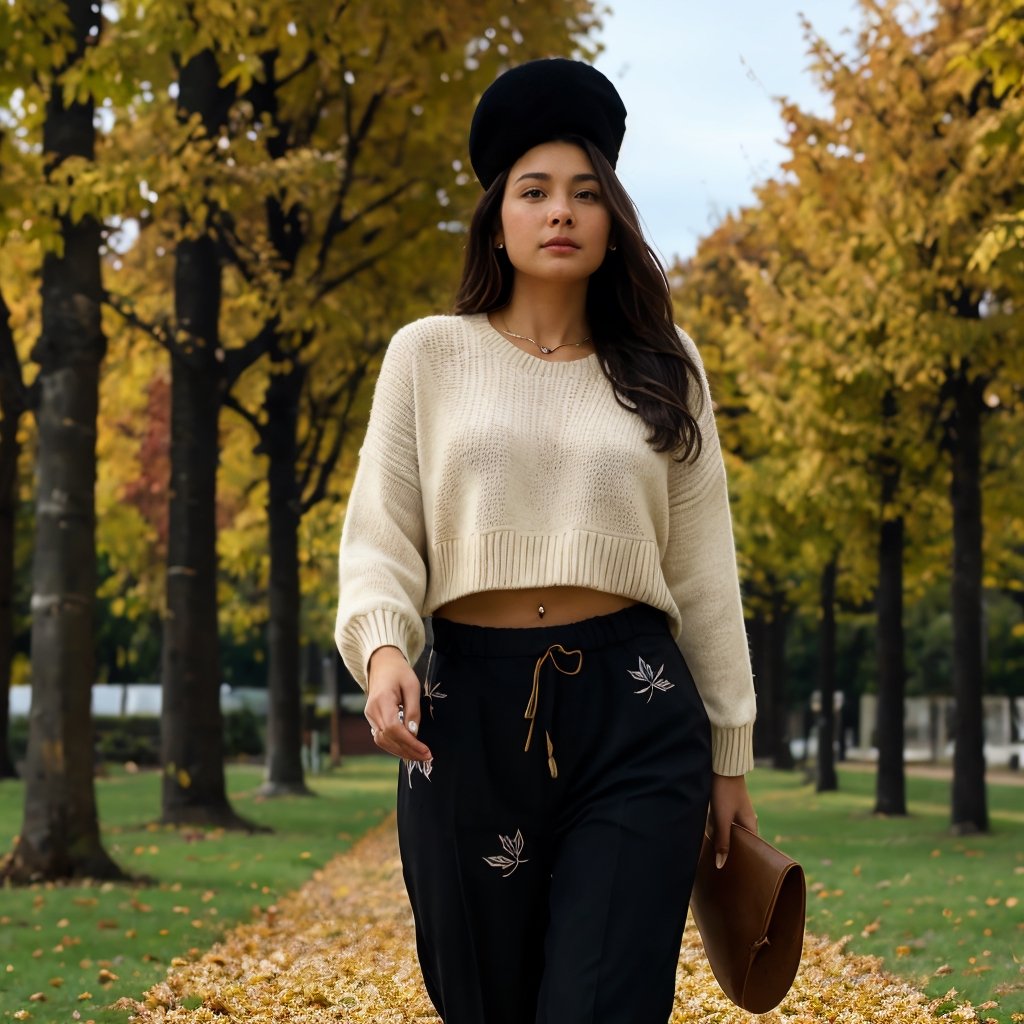 Generate hyper realistic image of a woman standing outdoors, her long brown hair gently swaying in the autumn breeze. She wears a sweater with long sleeves, black pants, and black footwear. A French hat adorns her head, complementing the black headwear. Behind her, a tall tree with leaves turning golden. The air is crisp, and a single leaf flutters down.photorealistic