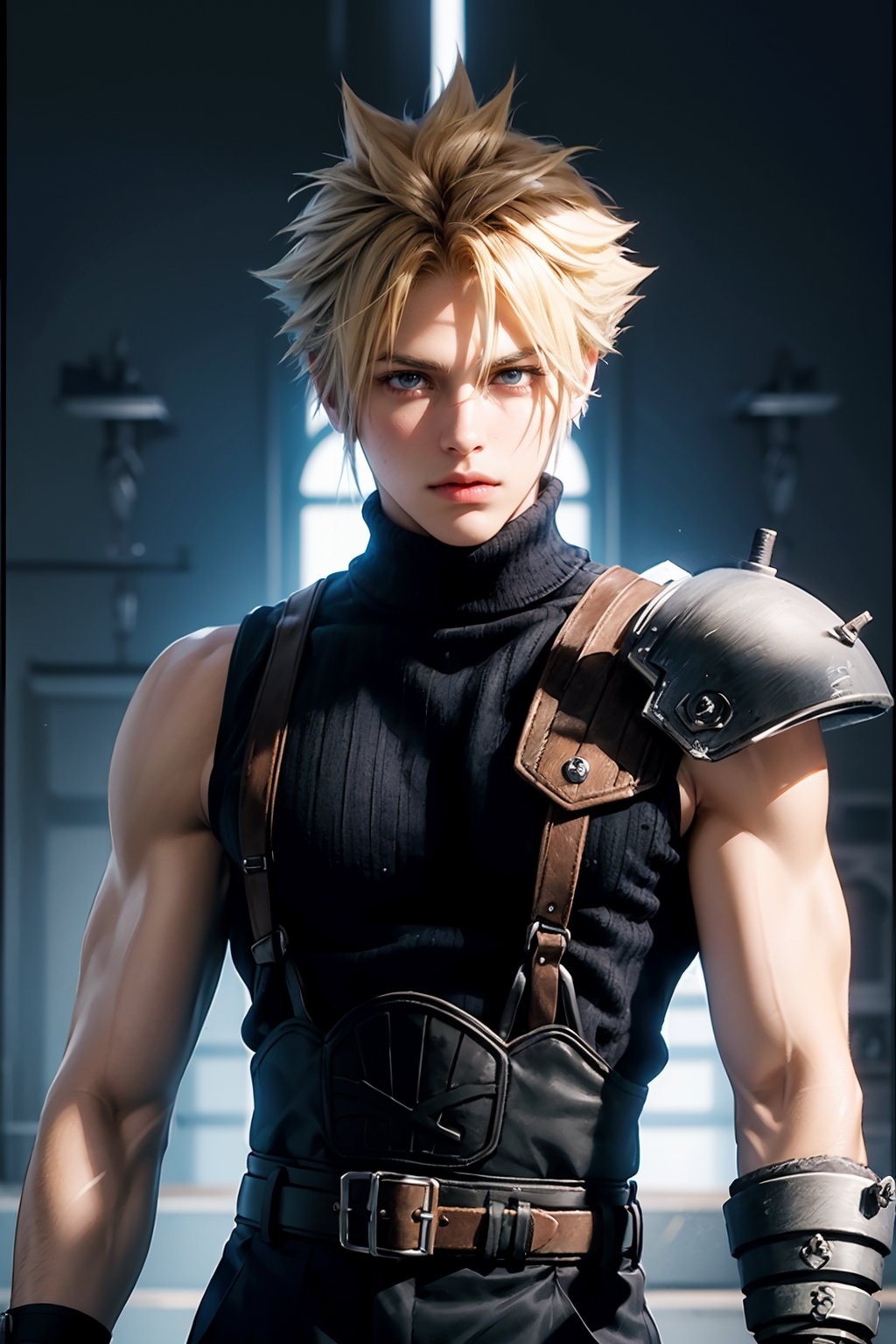 High Quality, Masterpiece, IncrsBrknGls, reflection, , cloud strife, shoulder armor, sleeveless turtleneck, suspenders, belt, gloves, bracer, , solo, 1boy, look at the viewer, midbody, holding buster sword, 1st soldier