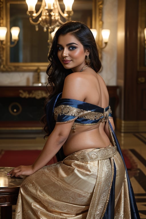 In a regal 8K masterpiece, a stunning Indian beauty sits majestically in the grand hall of a dimly lit wedding palace. Her silky black tresses frame her sculpted shoulders as she dons an intricately beaded, multi-hued lace net saree that exudes otherworldly allure. Soft HD lighting and subtle makeup accentuate her porcelain complexion, while her piercing blue eyes gleam with a hint of mischief. She poses effortlessly, her shy, enigmatic smile playing on her full lips, suggesting a playful secret only she is privy to.