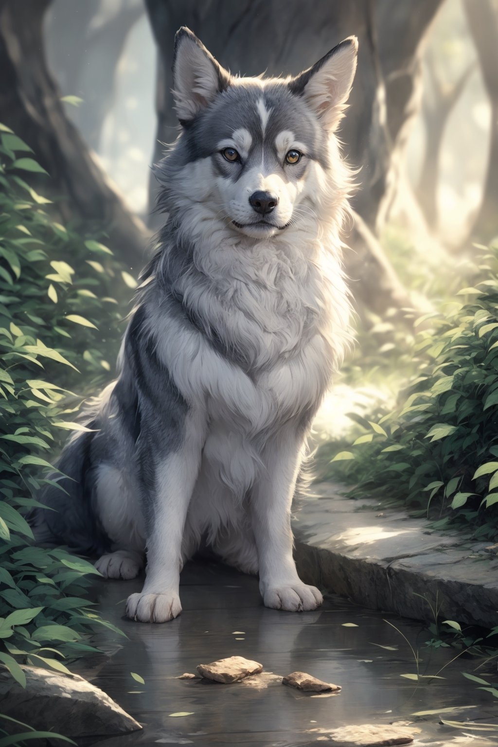 a funny  dog blue husky cool  , sitting on rock, reading newspaper  cute posture,pure colour, 
digita art ,cool WC . anciant forest, cool cinmatic color , 8k , light blue and orange colors ,cinimatic lighting, 8k,1 girl