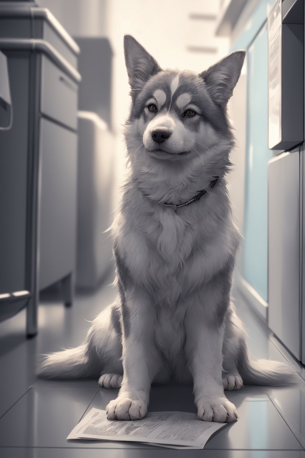 a funny  dog blue husky cool  , reading newspaper  cute posture,pure colour, 
digita art ,cool WC . night city, cool cinmatic color , 8k , light blue and orange colors ,cinimatic lighting, 8k,1 girl