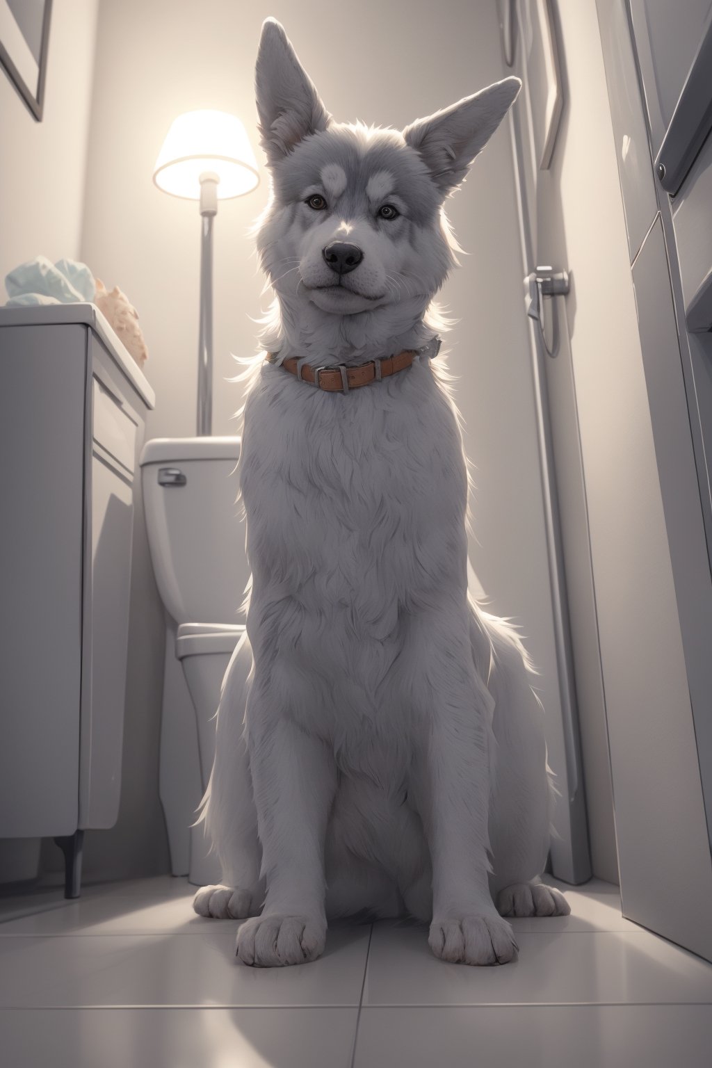 a funny  dog blue husky cool  , sitting on toilet, reding newspaper  cute posture,pure colour, 
digita art ,cool WC . modern toilet, cool cinmatic color , 8k , light blue and orange colors ,cinimatic lighting, 8k,1 girl