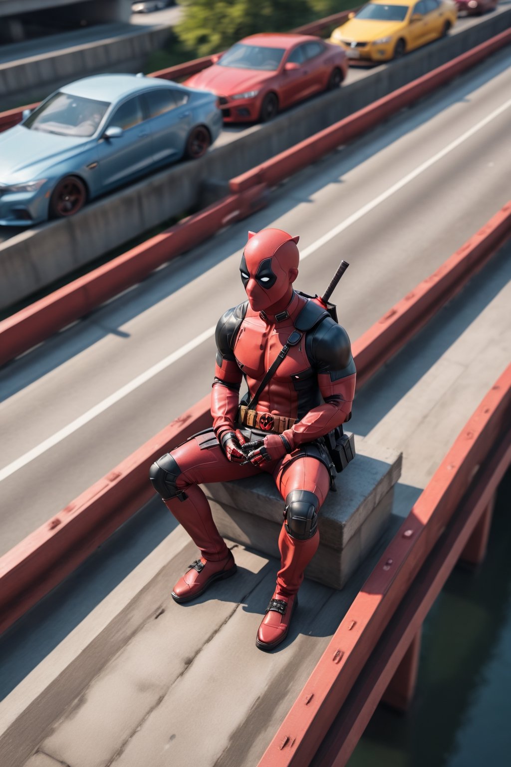 A legendary shot of Deadpool sitting on a bridge,  with cars in motion passing behind him,  captured from an aerial perspe...