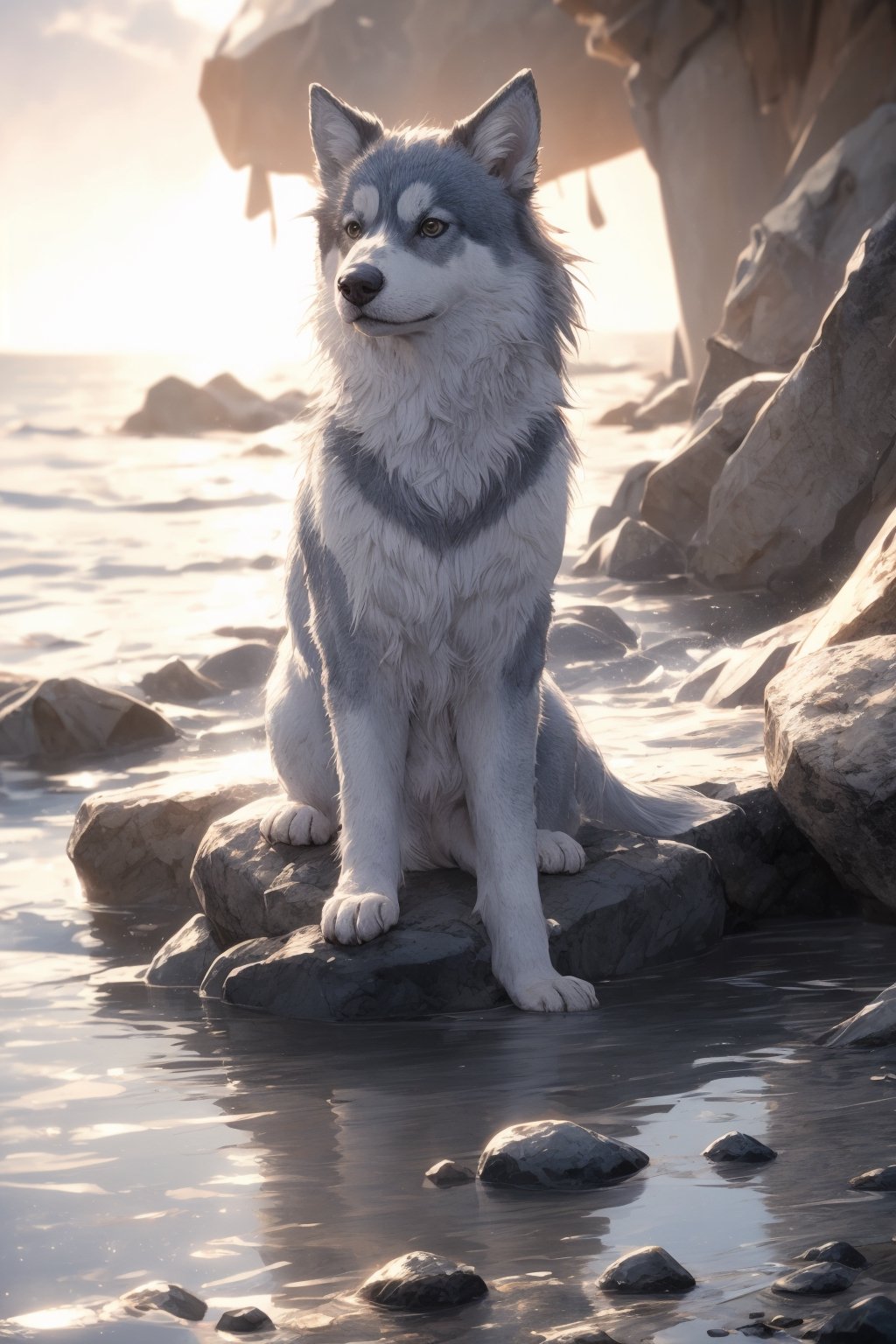 a funny  dog blue husky cool  , sitting on rock, reading newspaper  cute posture,pure colour, 
digita art ,cool WC . night beach, cool cinmatic color , 8k , light blue and orange colors ,cinimatic lighting, 8k,1 girl