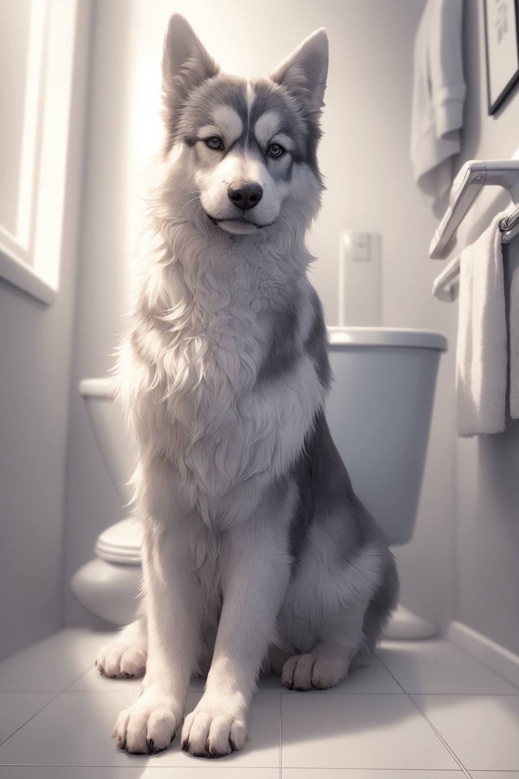 a funny  dog blue husky cool  , sitting on toilet, reding newspaper  cute posture,pure colour, 
digita art ,cool WC . modern toilet, cool cinmatic color , 8k , light blue and orange colors ,cinimatic lighting, 8k,1 girl