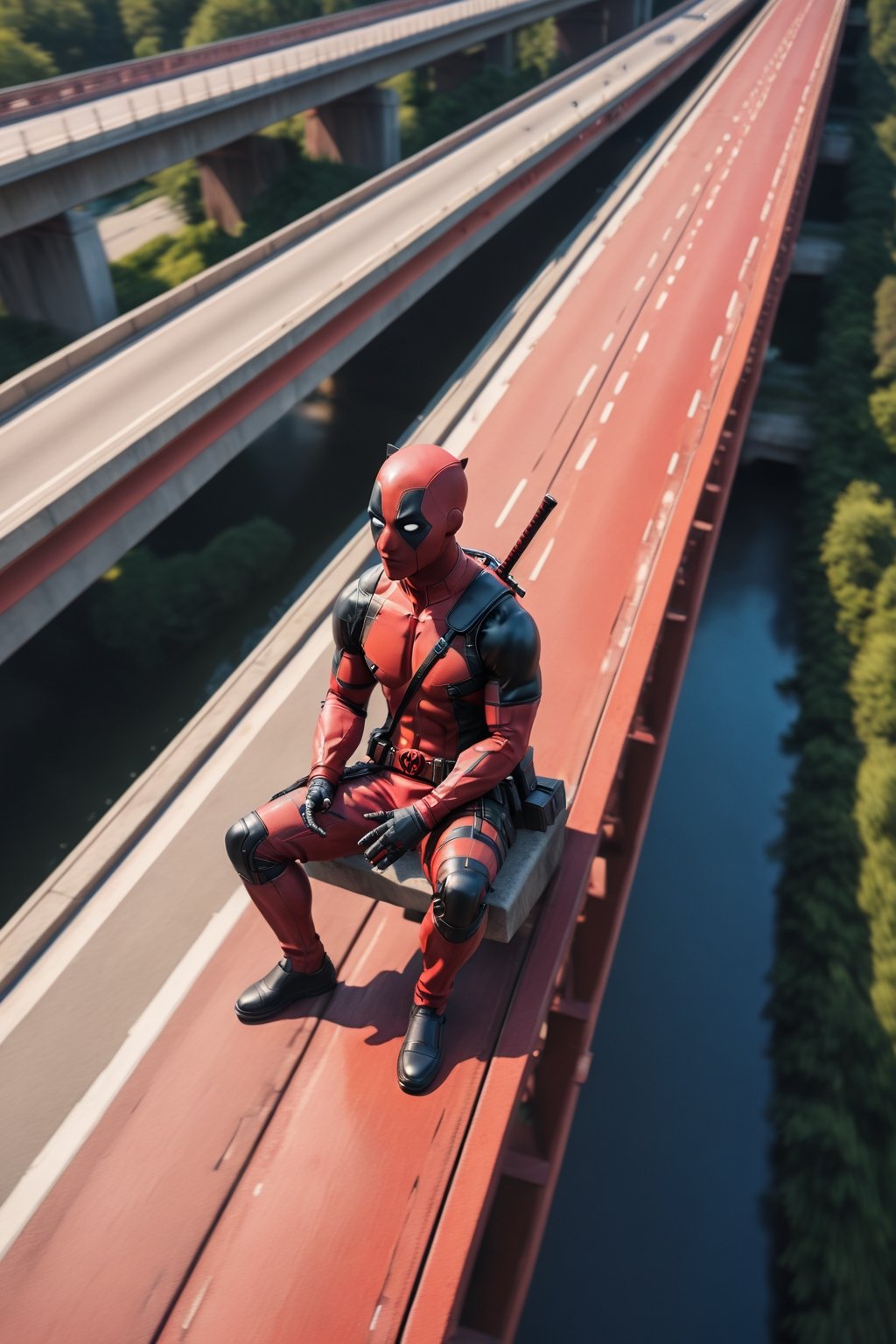 A legendary shot of Deadpool sitting on a bridge,  with cars in motion passing behind him,  captured from an aerial perspe...