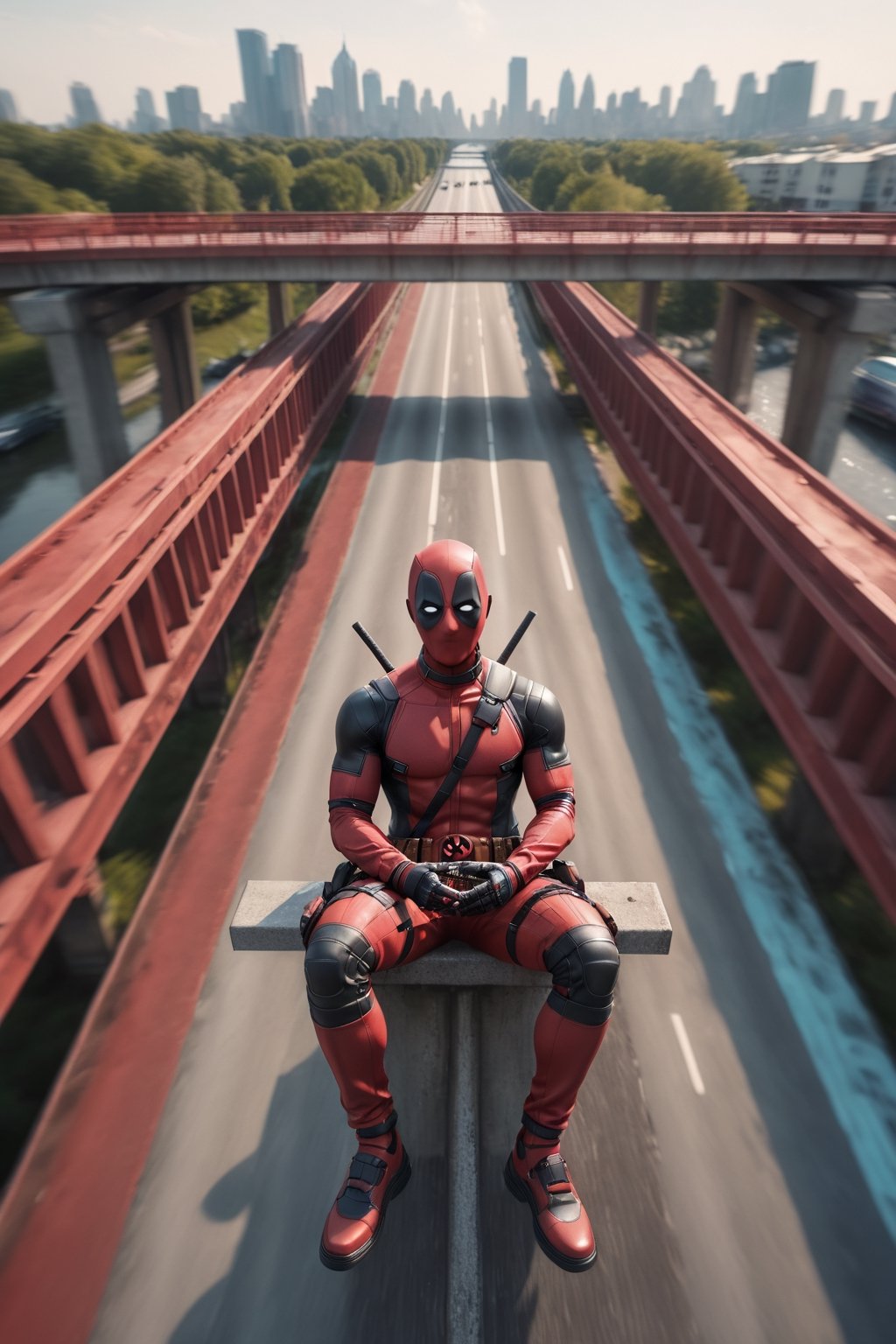 A legendary shot of Deadpool sitting on a bridge,  with cars in motion passing behind him,  captured from an aerial perspe...
