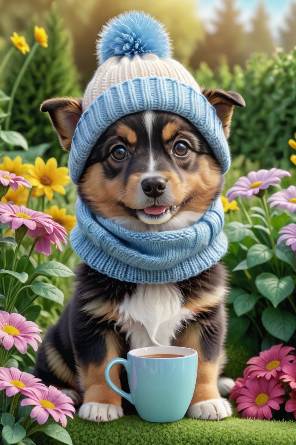 DOG with a cup, wearing a knitted hat and scarf, hyper realistic soft toy on a flower garden background, very cute, happy and beautiful, cute detailed illustration expressing joy, fully dressed, tiny, cute scene, stunning, tiny detail, fluffy, beautiful art, 3d render, cinematic