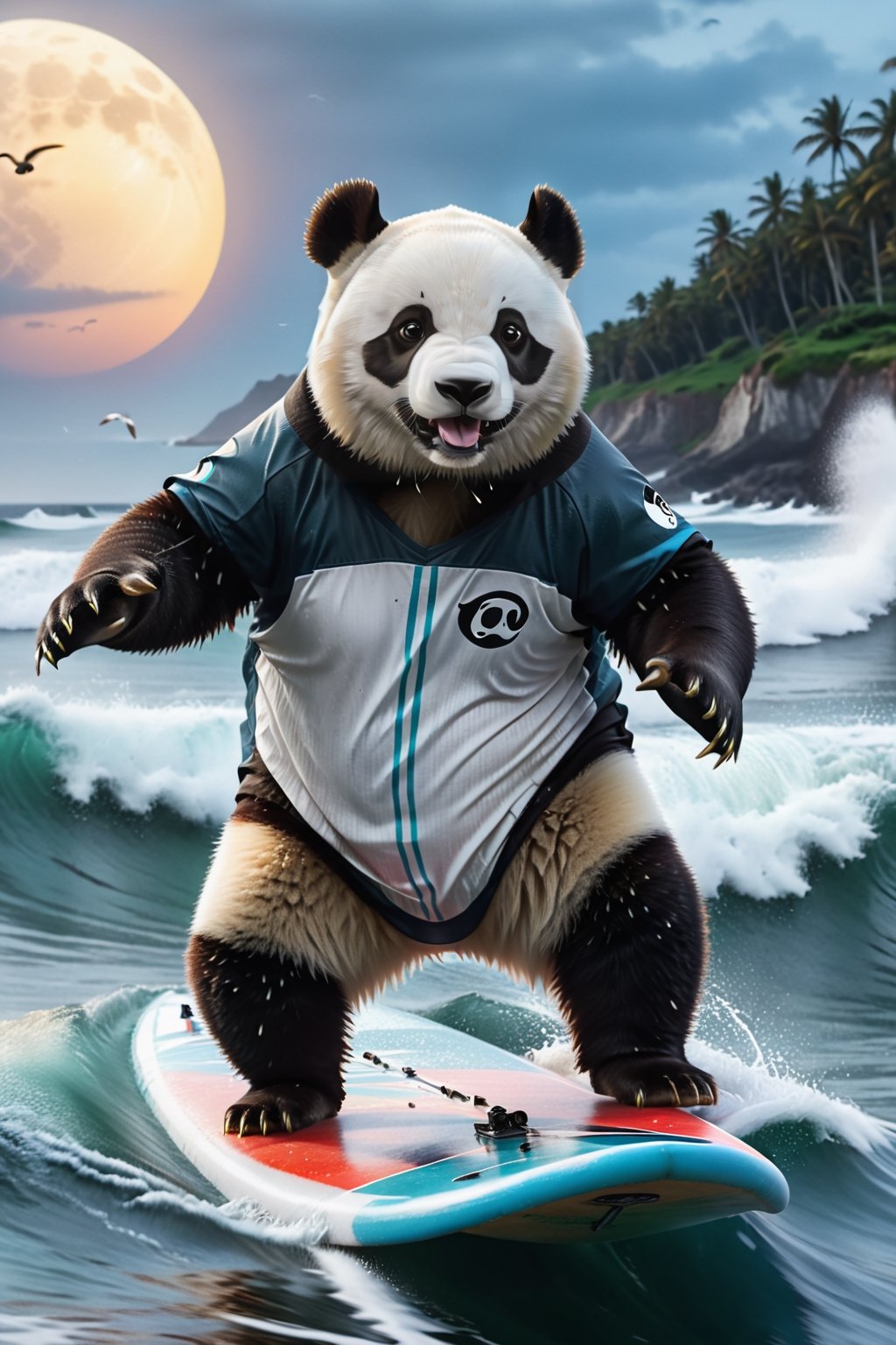 a panda wearing t-shirt and riding a surfboard down a sea waves in a gloves on a sea side,  hyper real, poster art, photorealism, motion lines, motion blur, film screencap, film grain, movie poster,  horrified,firefliesfireflies,1 girl,Extremely Realistic,more detail XL,moonster, shot from back, looking away from camera