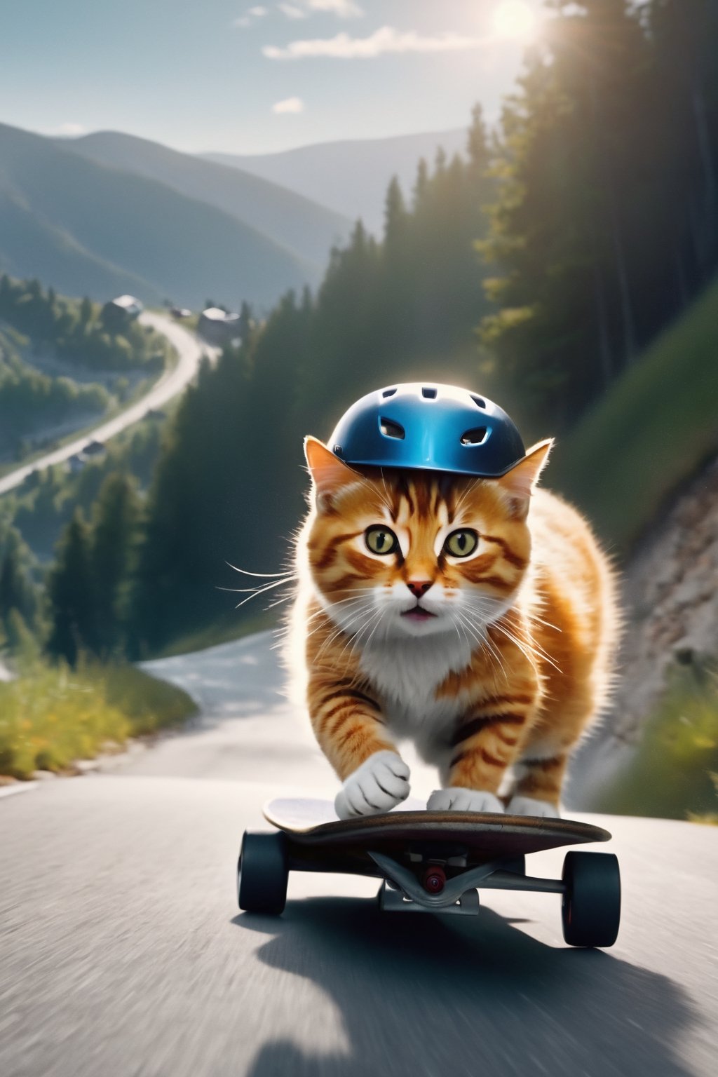 a cat  riding a skateboard down a mountain side road in a helmet and gloves on a mountain side,  hyper real, poster art, photorealism, motion lines, motion blur, film screencap, film grain, movie poster,  horrified,firefliesfireflies,1 girl