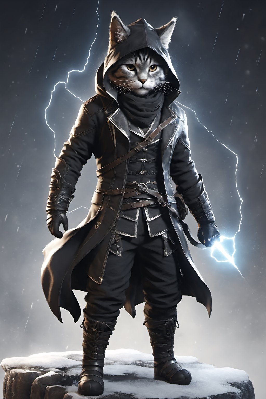 assassin creed, a cat, winter_clothes, black clothe, hoodie on head, full_body, high_resolution, high detail, perfect body,Monster,Xxmix_Catecat,composed of elements of thunder,thunder,electricity, full_body,more detail XL