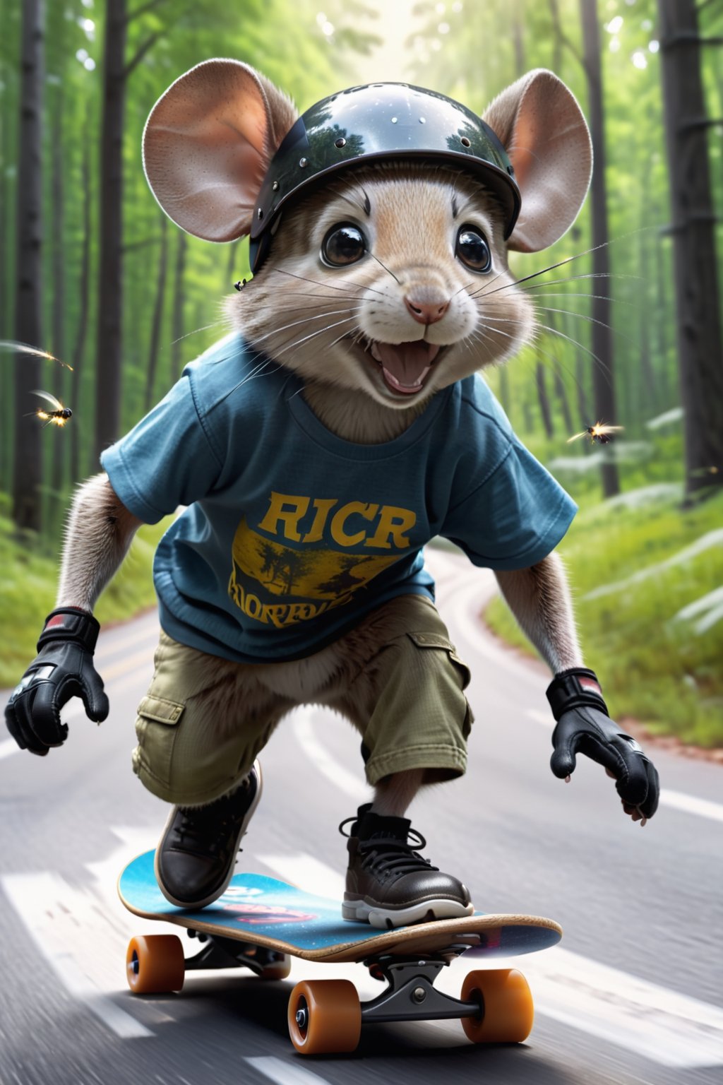 a mouse wearing t-shirt and riding a skateboard down a forest road in a helmet and gloves on a city side,  hyper real, poster art, photorealism, motion lines, motion blur, film screencap, film grain, movie poster,  horrified,firefliesfireflies,1 girl,Extremely Realistic,more detail XL,moonster