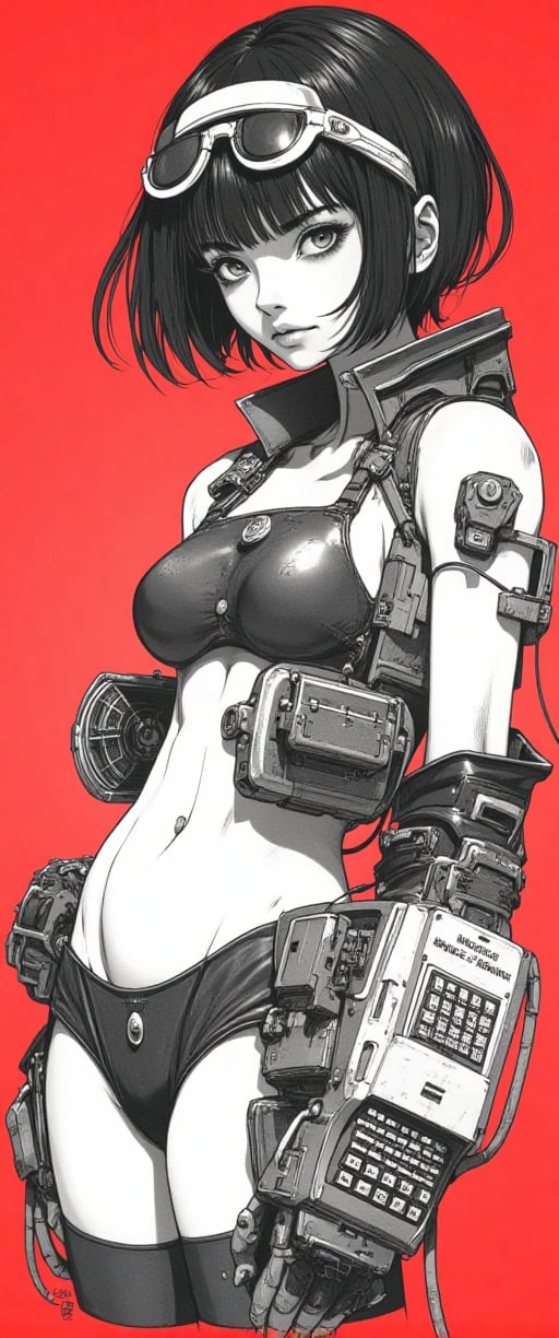 Ink art, Comic style art, Black and white portrait, Grayscale shadows, Outline drawing, Full body portrait, Focus on torso, Full body portrait, Young cyberpunk girl, Short bob hair, Serious look, Half-open eyes, Dark circles, Full lips, Two tone cyberpunk manga style, Grayscale, Girl wears a futuristic bikini, Shoulder pads, Futuristic gauntlet with a console and keyboard on the glove, Cables, Futuristic glasses, Belly button, Red gradient background,