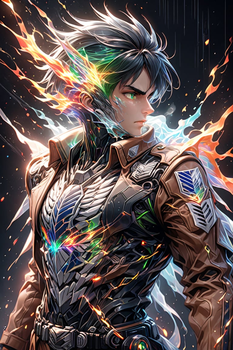 high quality, 8K Ultra HD, Imagine a vibrant canvas illuminated, dynamic lines and patterns similar to yellow lightning, solo, black hair, 1boy, green eyes, jacket, male focus, profile, glowing, fire, black background, breath, emblem, paradis military uniform, RGB vfx, full vxf, survey corps \(emblem\), eren yeager,photorealistic,realistic