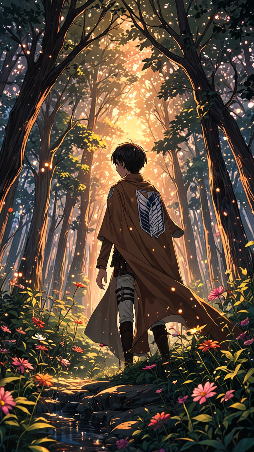 Viral anime wallpaper in 4K quality, in the style of digital illustration inspired by Hayao Miyazaki, featuring Eren Yeager with black hair, 1man, survey corps cape, male focus, back, emblem, paradis military uniform, survey corps \(emblem\),  a serene forest with towering ancient trees, dappled sunlight filtering through the leaves, a gentle stream flowing through the scene, and mystical creatures peeking from behind the foliage; vibrant and warm color temperature, cosmos lighting with stars twinkling in the sky, no human characters, the atmosphere is tranquil and enchanting