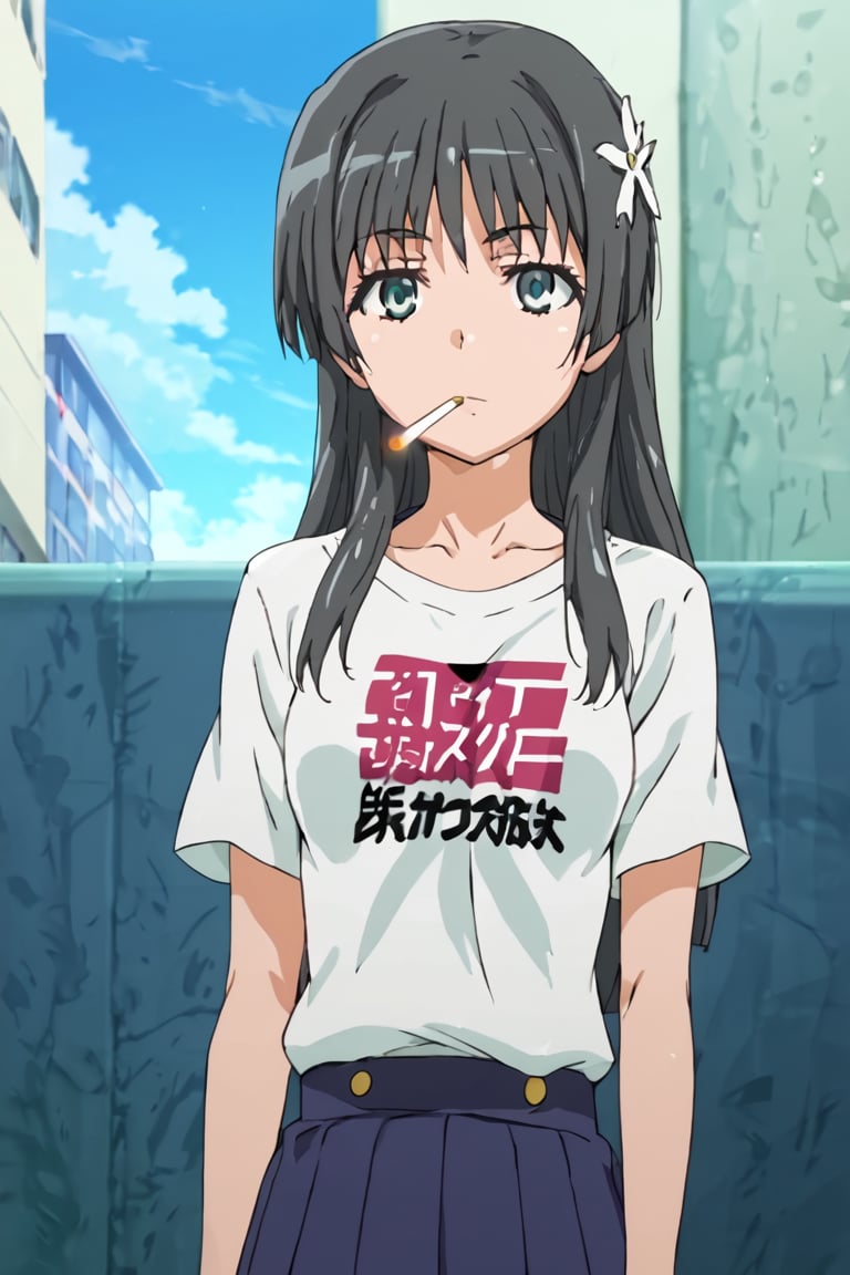 high definition, ruiko saten, smoking cigarrette,  wearing skirt, T-shirt, 