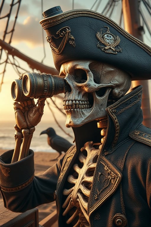  Very realistic image,real,high quality, SKELETON Wearing a pirate hat holding an old binoculars Single-lens , on a ship in the desert, next to him a scary crow ،Cover on left eye,pirateskullXthejaa