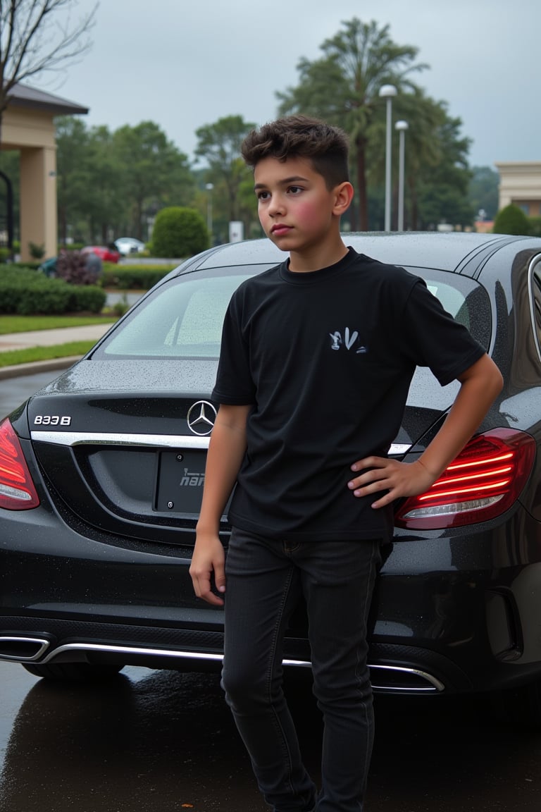 Realistic image, real image, 4K high resolution,full body,Beautiful 11-year-old boy, medium black hair, purple eyes, pornomic white skin, wearing a black daughter-in-law, shaving shave, red cheeks, small boys, black jeans, the back of a fantastic Mercedes,scenary,realistic,rain,cloud