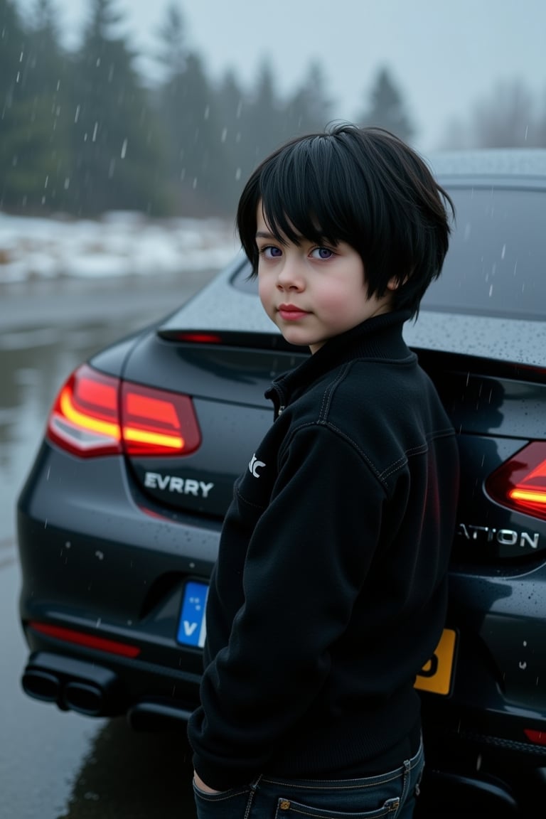 Realistic image, real image, 4K high resolution,Beautiful 11-year-old boy, medium black hair, purple eyes, pornomic white skin, wearing a black daughter-in-law, shaving shave, red cheeks, small boys, black jeans, the back of a fantastic Mercedes,scenary,realistic,rain,cloud