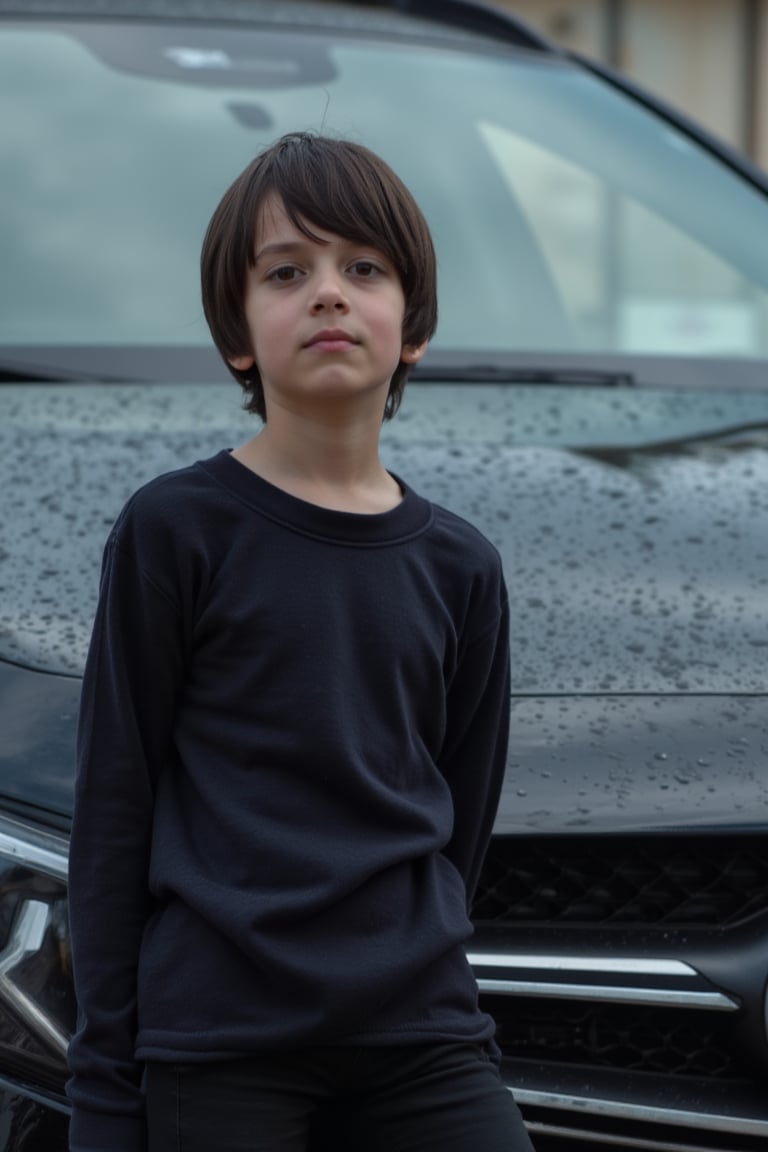 Realistic image, real image, 4K high resolution,Beautiful 11-year-old boy, medium black hair, purple eyes, pornomic white skin, wearing a black daughter-in-law, shaving shave, red cheeks, small boys, black jeans, the back of a fantastic Mercedes,scenary,realistic,rain,cloud