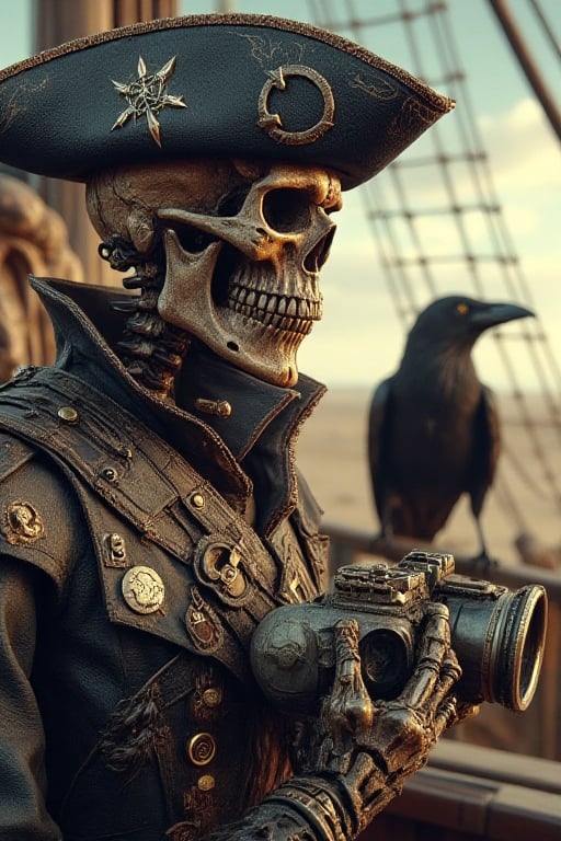  Very realistic image,real,high quality, SKELETON Wearing a pirate hat holding an old binoculars Single-lens , on a ship in the desert, next to him a scary crow ،Cover on left eye