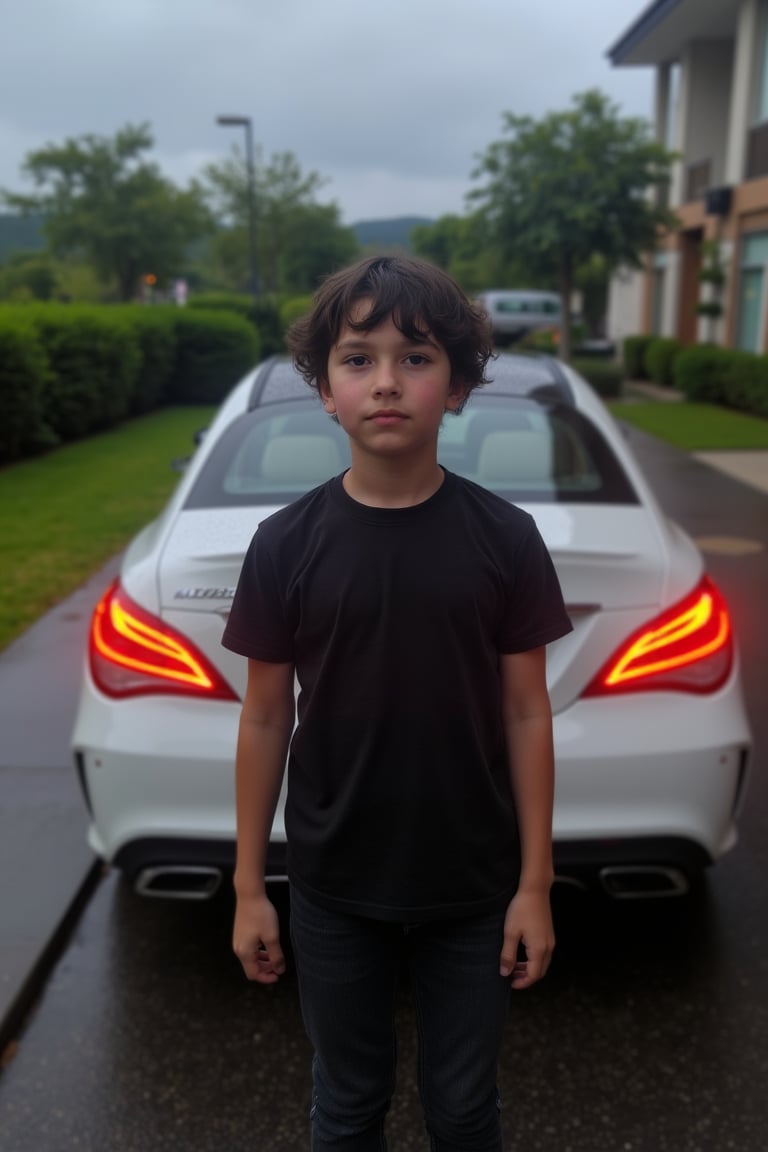 Realistic image, real image, 4K high resolution,full body,Beautiful 11-year-old boy, medium black hair, purple eyes, pornomic white skin, wearing a black daughter-in-law, shaving shave, red cheeks, small boys, black jeans, the back of a fantastic Mercedes,scenary,realistic,rain,cloud