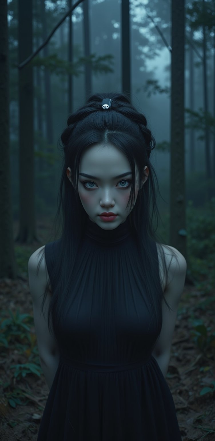 Laura: Flat: -1.2, Masterpiece, Best Quality, 4k, 8k, Single Woman, Solo, Pale Skin, Tall Height, Long Hair, Blunt Bangs, Side Braid, Black Hair, Beautiful Face, Blue Eyes, Pale Skin, Black Eyeliner, Black Eyeshadow, Color Contrast, Thin Frame, Scared, Ofuda, Jiangxi Costume: 1.2, Long Skirt, Chinese Dress, Fang, Horror, Coffin, Forest, Dark Night, Stormy Weather, Fog, Front View, Cowboy Shot, Look at Scene, Paw Pose,,,QTGR3AL_FLUX, REALNIME, illustr3alFlux, QTGIRLREAL