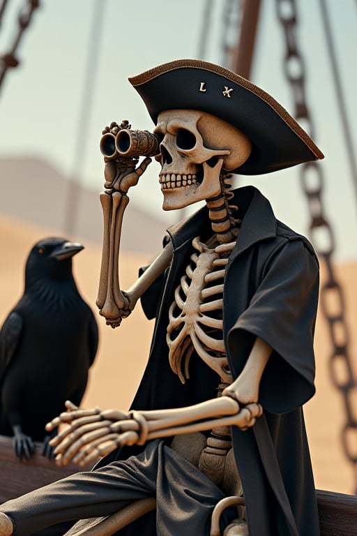  Very realistic image,real,high quality, SKELETON Wearing a pirate hat holding an old binoculars Single-lens , on a ship in the desert, next to him a scary crow ،Cover on left eye