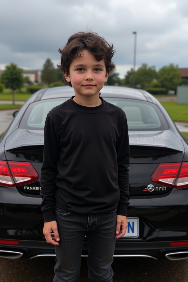 Realistic image, real image, 4K high resolution,full body,Beautiful 11-year-old boy, medium black hair, purple eyes, pornomic white skin, wearing a black daughter-in-law, shaving shave, red cheeks, small boys, black jeans, the back of a fantastic Mercedes,scenary,realistic,rain,cloud,nineten