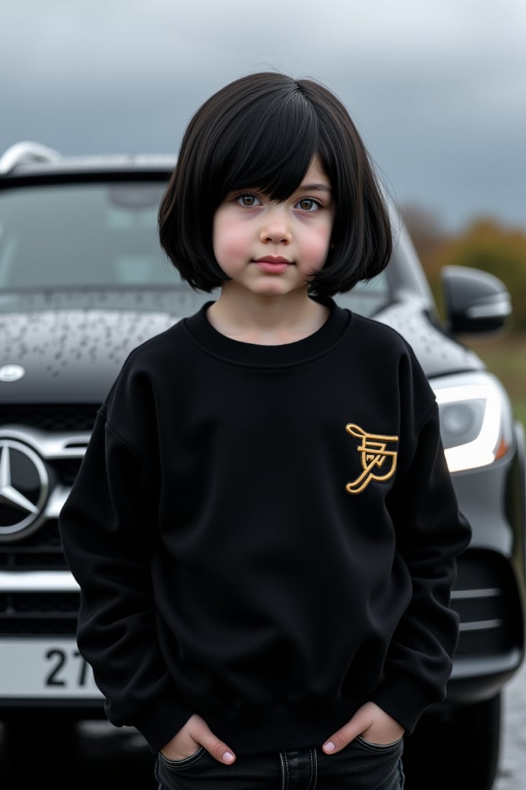 Realistic image, real image, 4K high resolution,full body,Beautiful 11-year-old boy, medium black hair, purple eyes, pornomic white skin, wearing a black daughter-in-law, shaving shave, red cheeks, small boys, black jeans, the back of a fantastic Mercedes,scenary,realistic,rain,cloud