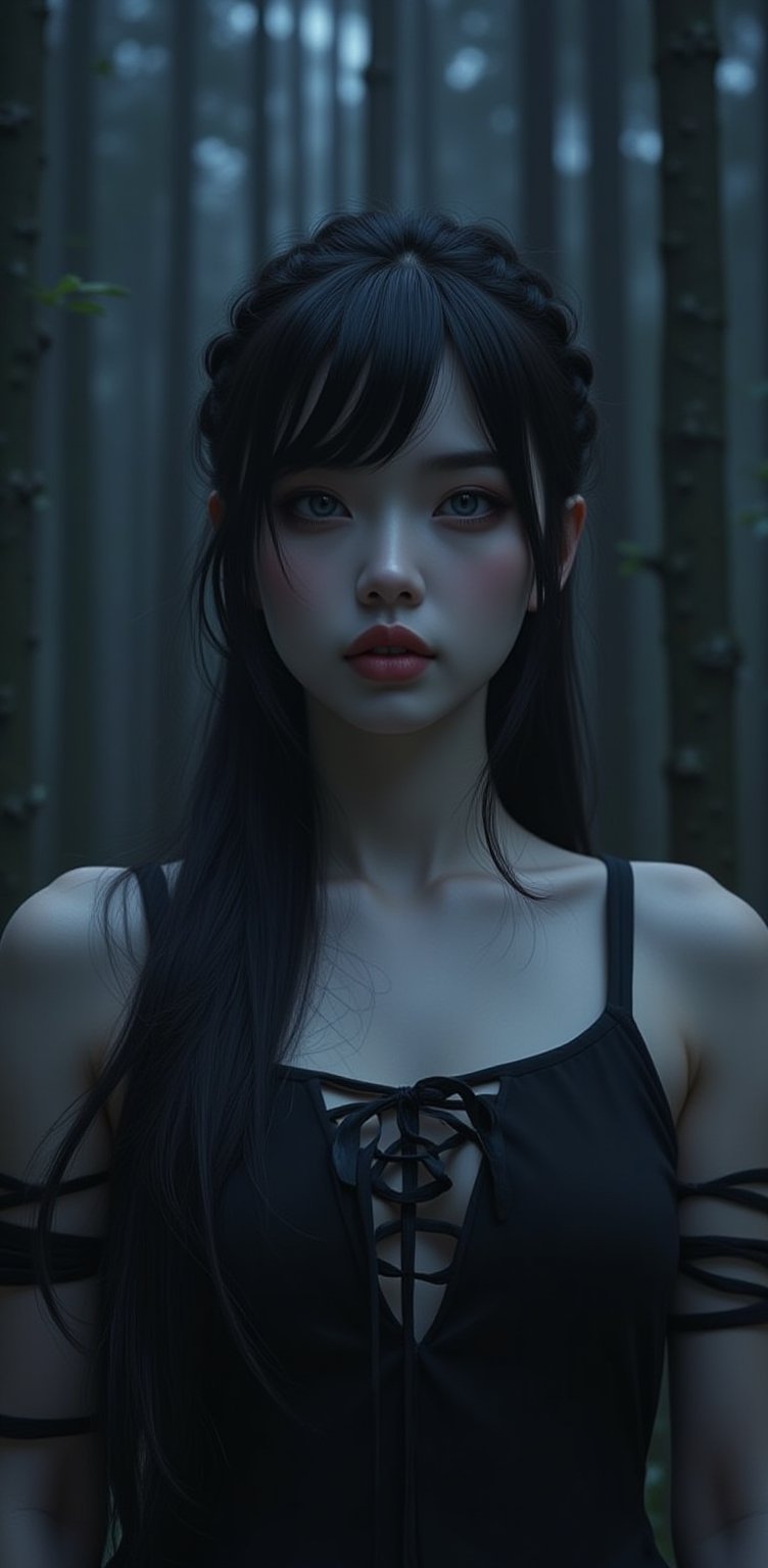 Laura: Flat: -1.2, Masterpiece, Best Quality, 4k, 8k, Single Woman, Solo, Pale Skin, Tall Height, Long Hair, Blunt Bangs, Side Braid, Black Hair, Beautiful Face, Blue Eyes, Pale Skin, Black Eyeliner, Black Eyeshadow, Color Contrast, Thin Frame, Scared, Ofuda, Jiangxi Costume: 1.2, Long Skirt, Chinese Dress, Fang, Horror, Coffin, Forest, Dark Night, Stormy Weather, Fog, Front View, Cowboy Shot, Look at Scene, Paw Pose,,,QTGR3AL_FLUX, REALNIME, illustr3alFlux, QTGIRLREAL