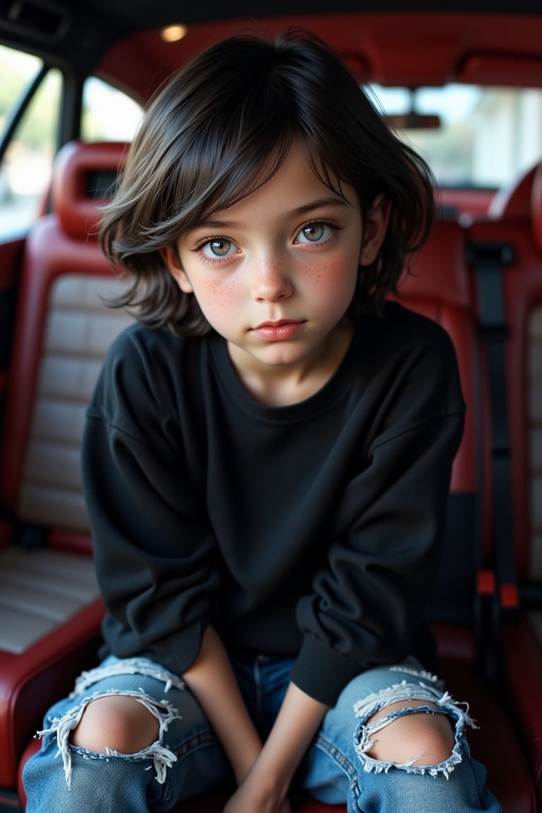 Realistic image, real image, 4K high resolution,Beautiful 11-year-old boy, medium black hair, purple eyes, pornomic white skin, wearing a black daughter-in-law, shaving shave, red cheeks, small boys, Ripped jeans, the back of a fantastic Mercedes,