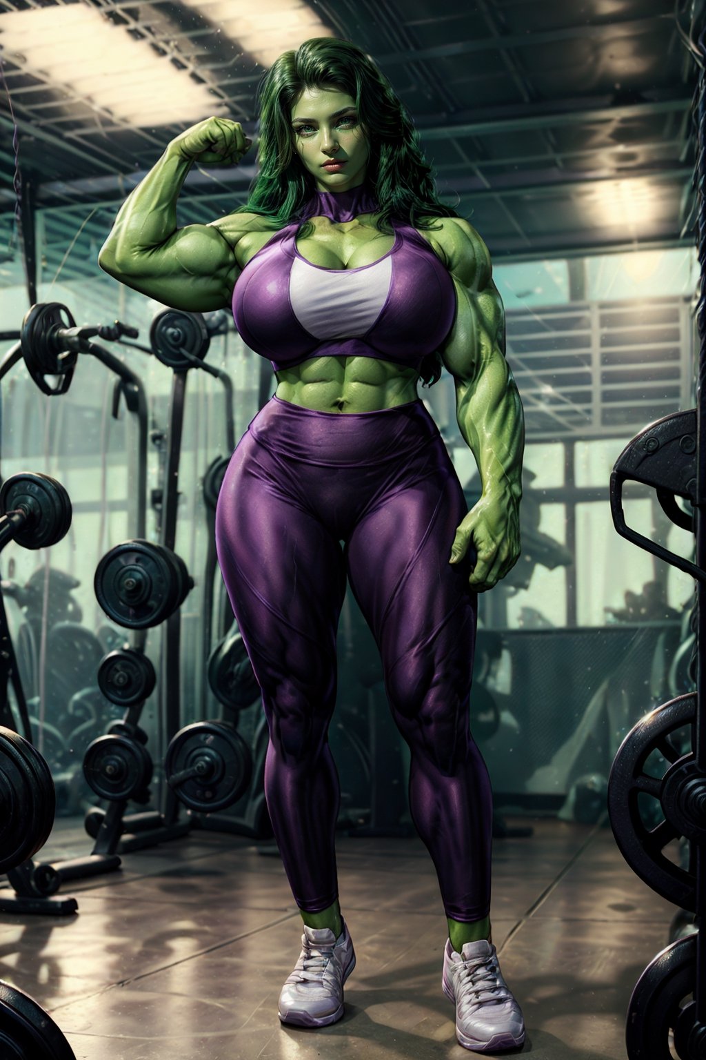 Detailedeyes,  Detailedface,  More Detail,  Realism,  Photorealism, 

1girl,  (solo:1.2),  woman,  30yo,  ((shehulk, she hulk(marvel))), milf,  beauty, (dark green skin),

{((purple and white sports bra, halter top)), ((purple yoga pants)), ((bare_shoulders, sleeveless)), (white and purple high tops)},

{(hourglass_figure,  large_breasts:1.4, voluptuous,  curvy_figure,  curvaceous),  (athletic,  abs, muscular:1.4,  muscular_female, muscular arms:1.2,  muscular legs:1.2)},
{(green eyes,  bright_pupils),  makeup,  (smile)}, 
 
{(green_hair, long_hair, side_part, shiny_hair)}, 

{(background, gym, blurry)},  (beautiful_face:1.5),  (full_body:1.6),  (masterpiece,  best quality:1.4)