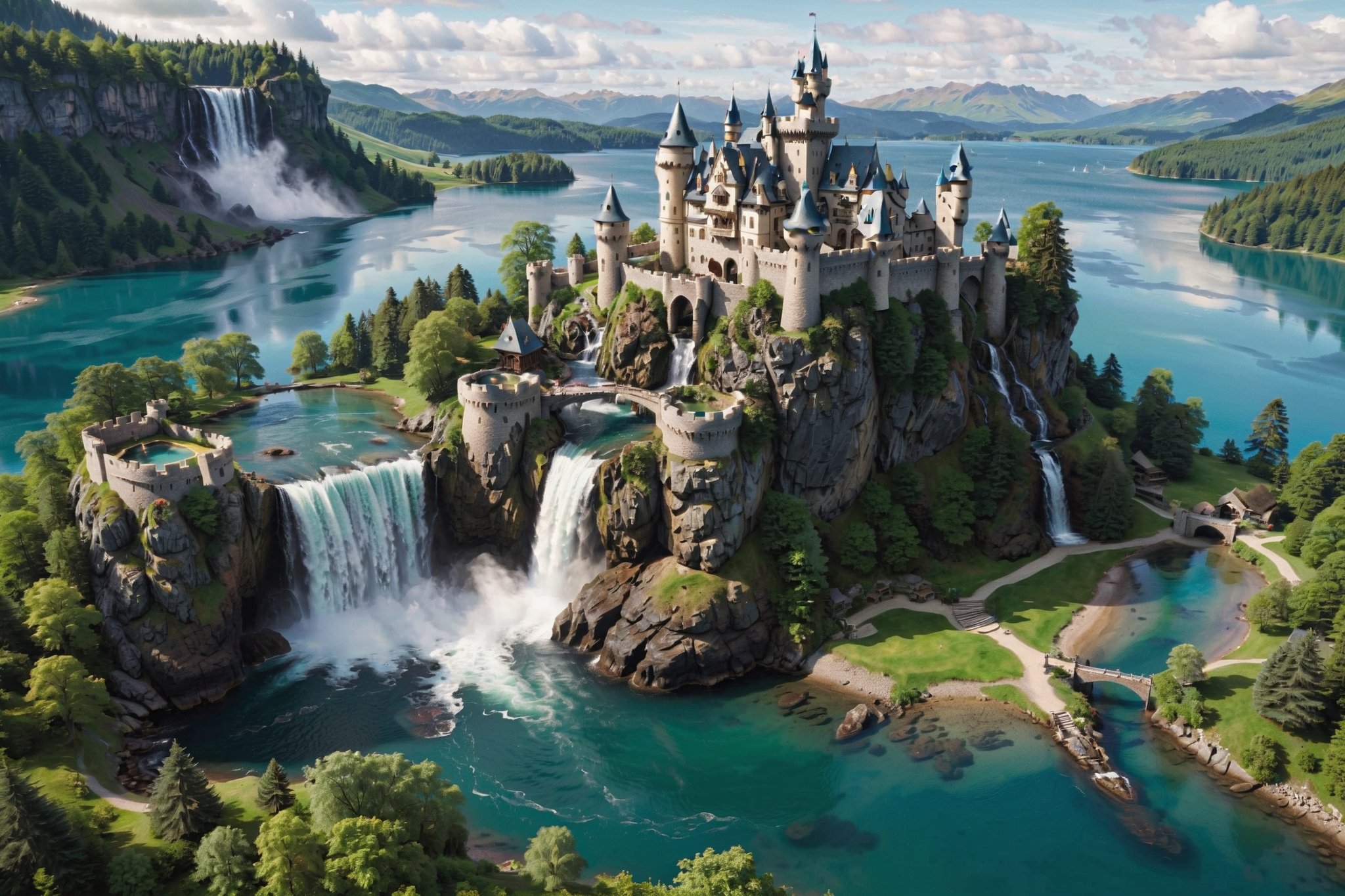 (long_shot:1.3), (masterpiece), (best_quality:1.4), more detail XL,  Extremely Realistic,  Photorealism,

{(large (Castle) on an island surrounded by a (lake), a (massive waterfall) falls into the lake)}