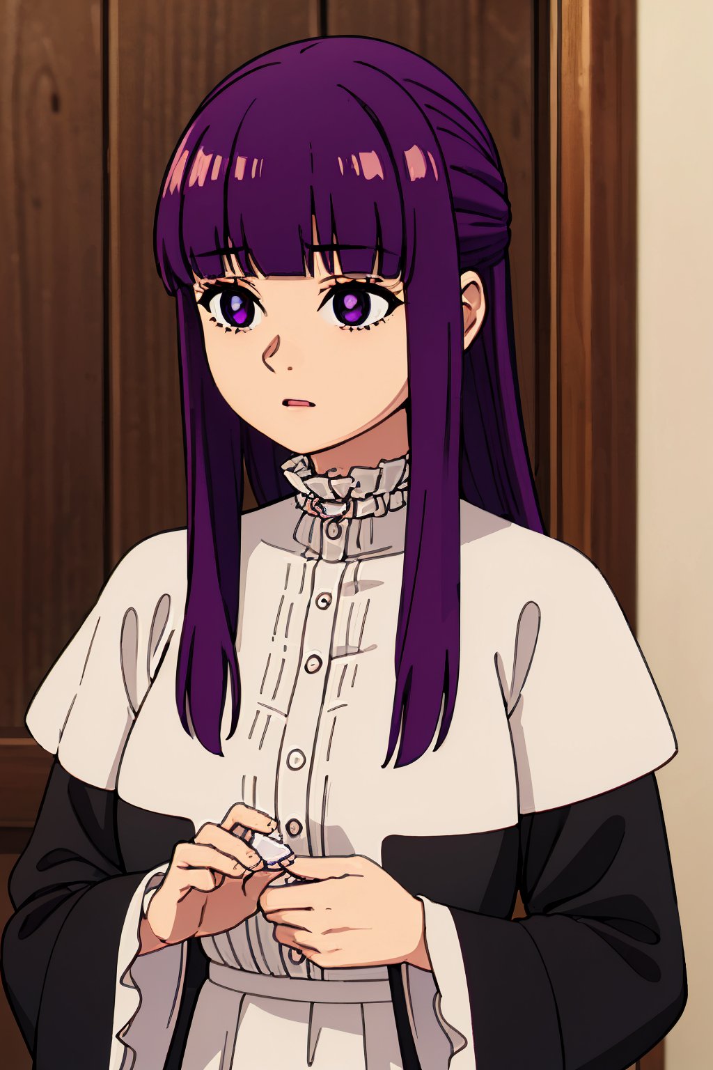 1girl, fern, purple hair, (blunt bangs:1.2), long hair, half body shot, frilled collar, black robe, white dress, center frills, buttons, wide sleeves, long sleeves,