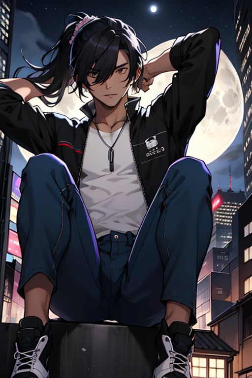 
high quality
20 years

man
long black hair tied in a ponytail, long bangs covering his left eye, brown eyes, black complexion, height 1:70
musculature
no shirt, purple pants   

futuristic city of tall buildings
 at night, full moon
aerial view 

lively