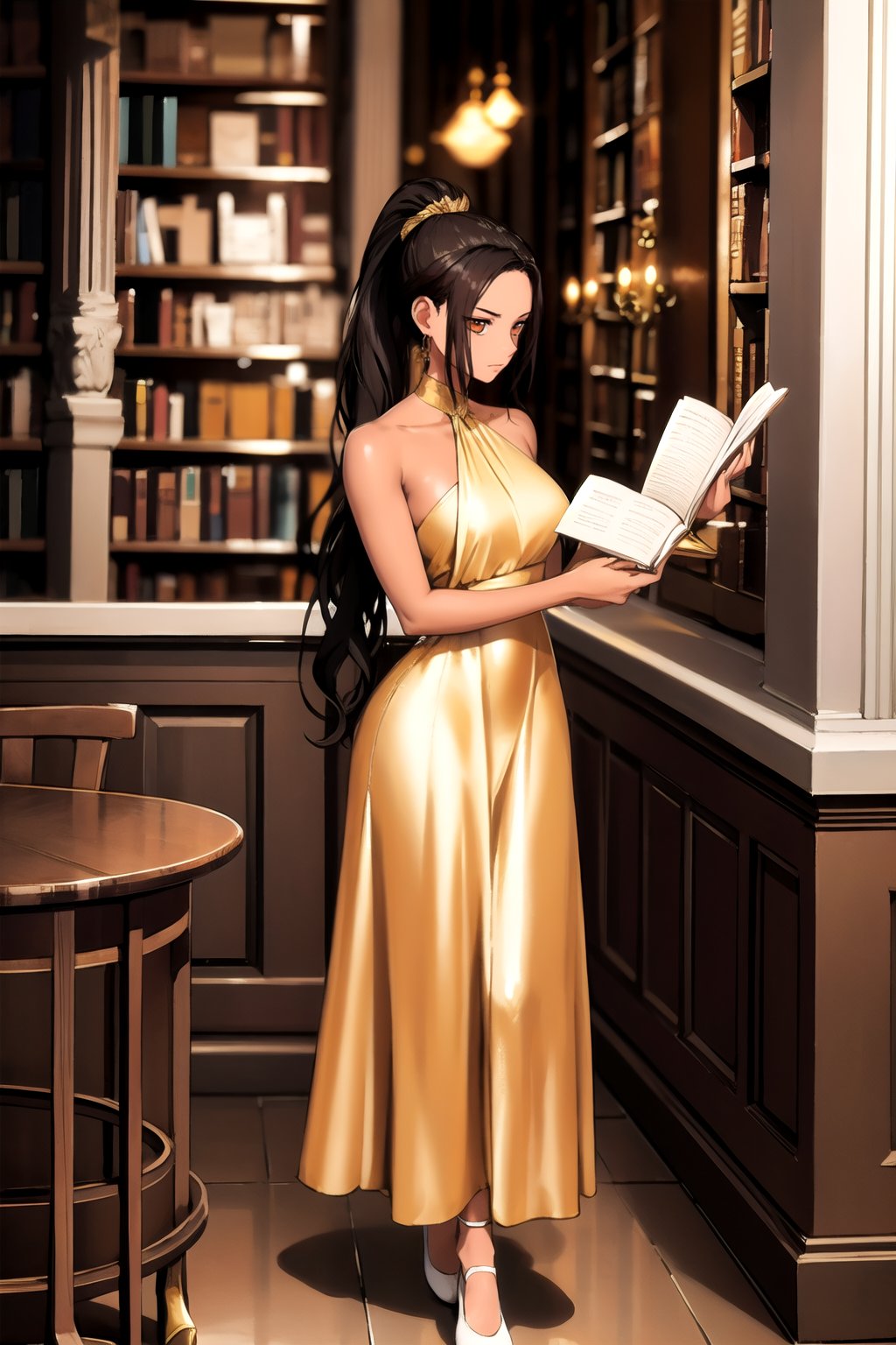 brunette woman
long hair in ponytail
gold dress, white shoes

writing in a glass library