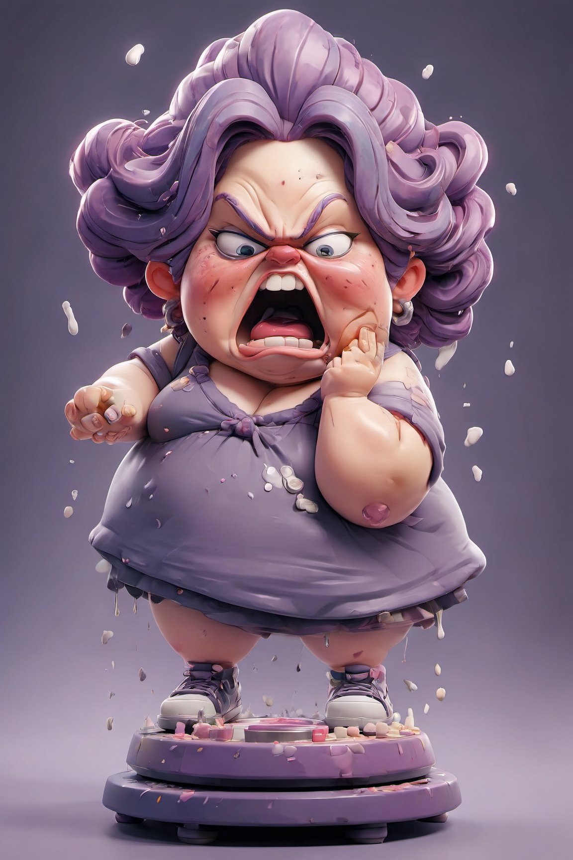 high with
ugly woman
purple hair
obese
crying

a scale explodes