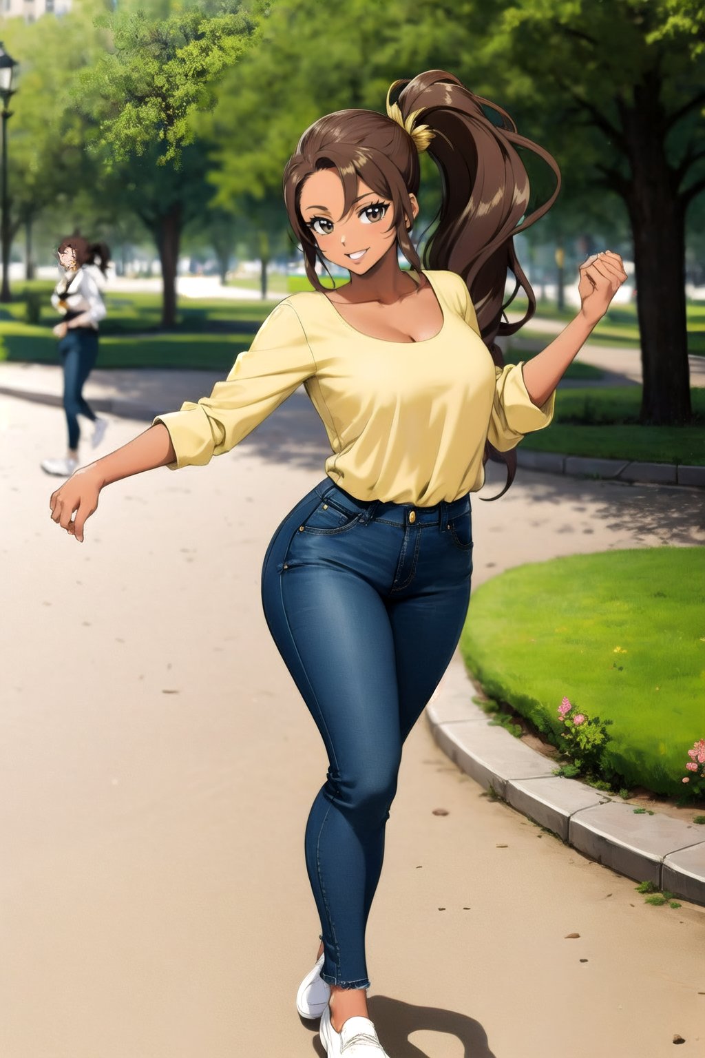 brunette woman
long hair in ponytail
gold blouse, jeans, white shoes
dancing
 in a park
anime