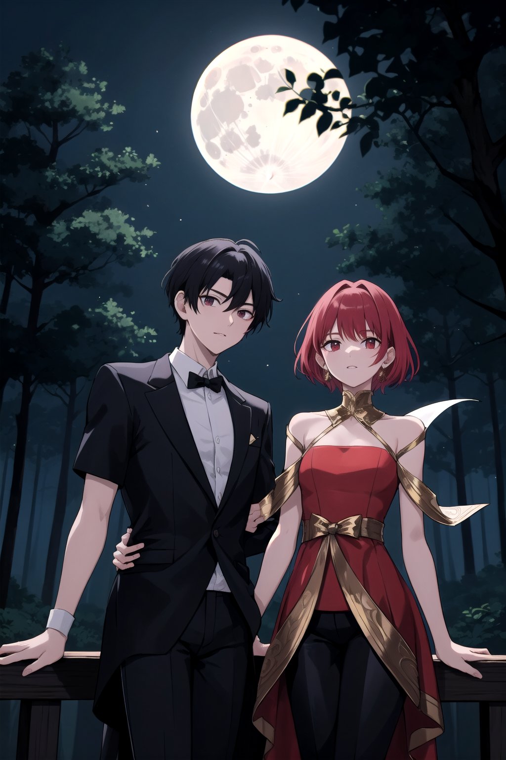 HIGH QUALITY
20 years
a dark fairy
gross
red-winged
long gold dress
dezcalza

short hair man
white shirt, black pants
on the night of the full moon, a forest