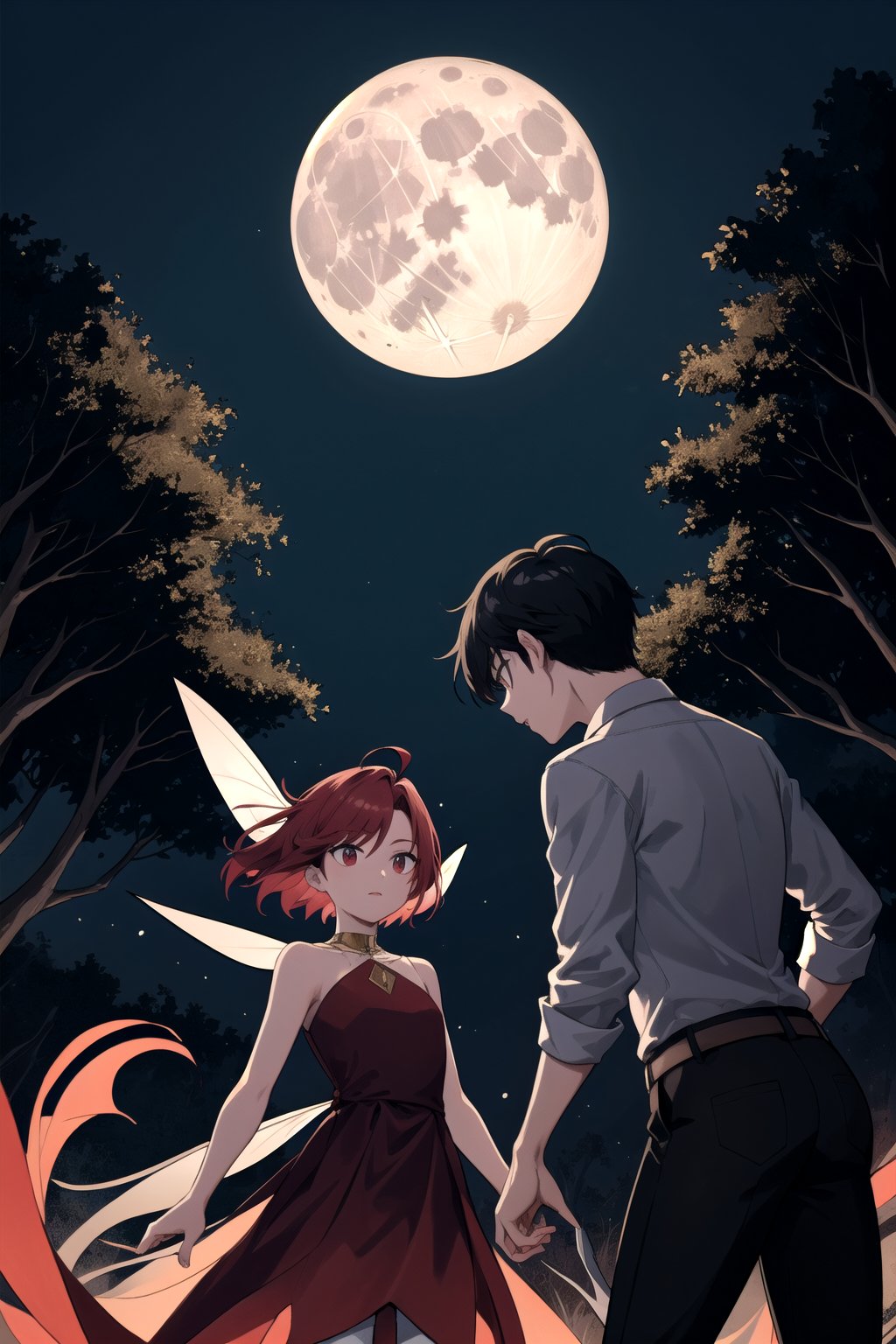 HIGH QUALITY
20 years
a dark fairy
gross
red-winged
long gold dress
dezcalza

short hair man
white shirt, black pants
on the night of the full moon, a forest