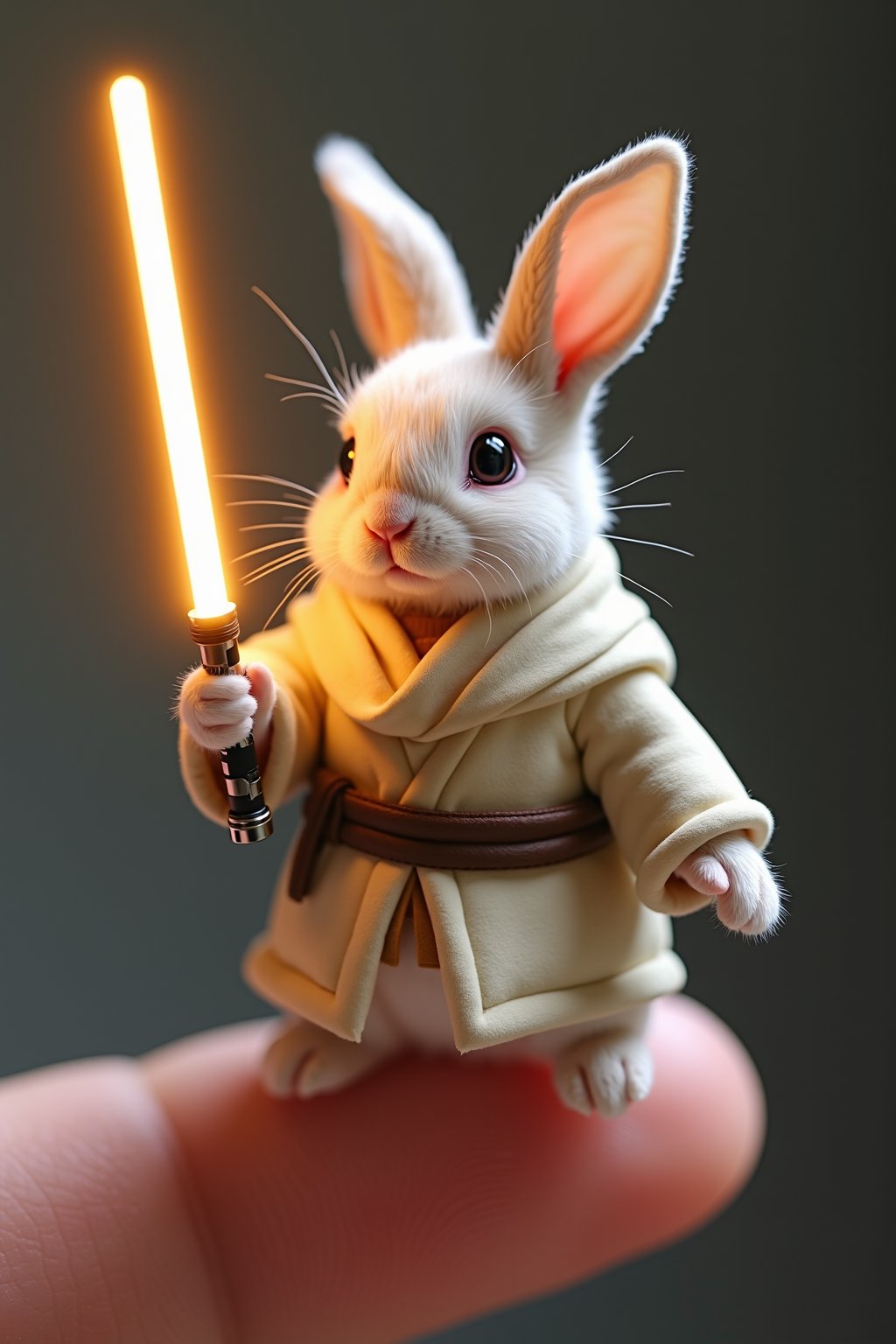 Photorealistic, 16k, Micro Tiny baby rabbit in Obi-Wan Kenobi outfit with glowing light saber on its 2 tiny hands perched on a human finger.