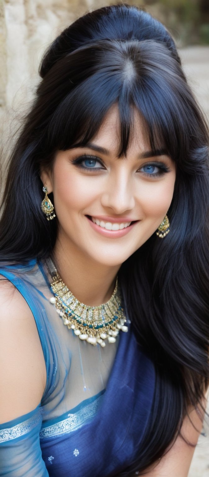 Generate hyper realistic image of a woman with long hair and bangs,  gazing at the viewer with blue eyes and a closed mout...