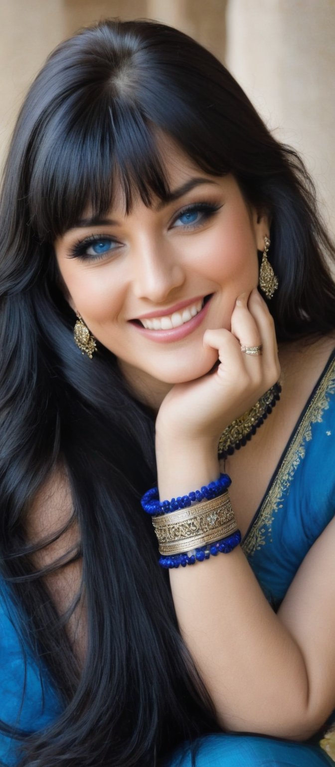 Generate hyper realistic image of a woman with long hair and bangs,  gazing at the viewer with blue eyes and a closed mout...