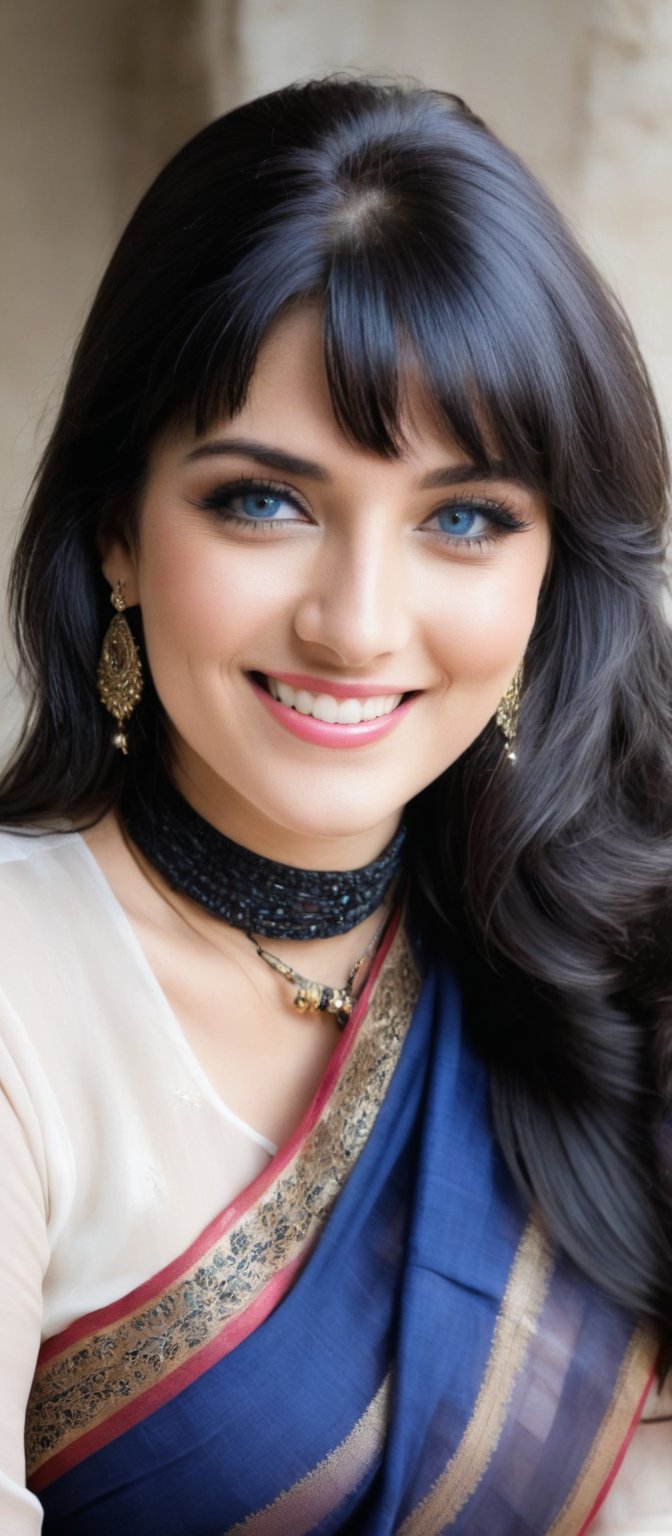 Generate hyper realistic image of a woman with long hair and bangs,  gazing at the viewer with blue eyes and a closed mout...