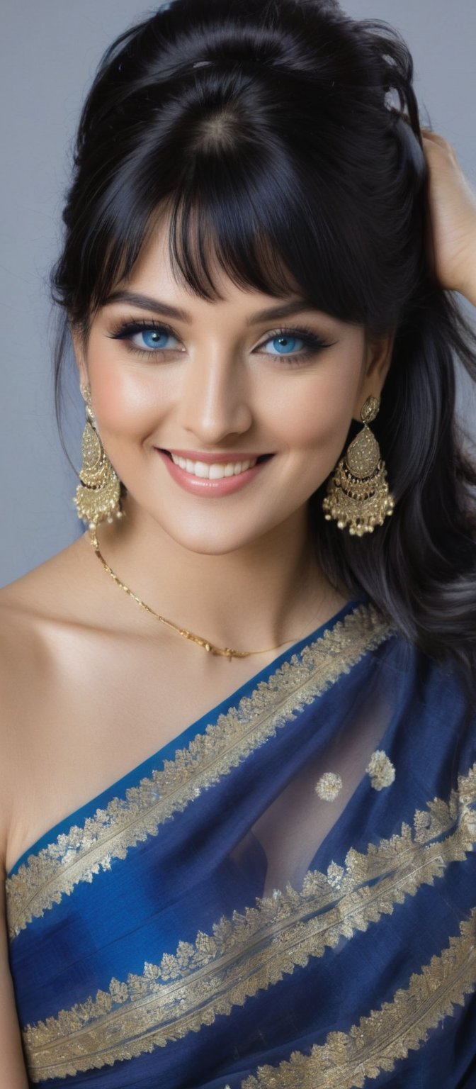Generate hyper realistic image of a woman with long hair and bangs,  gazing at the viewer with blue eyes and a closed mout...