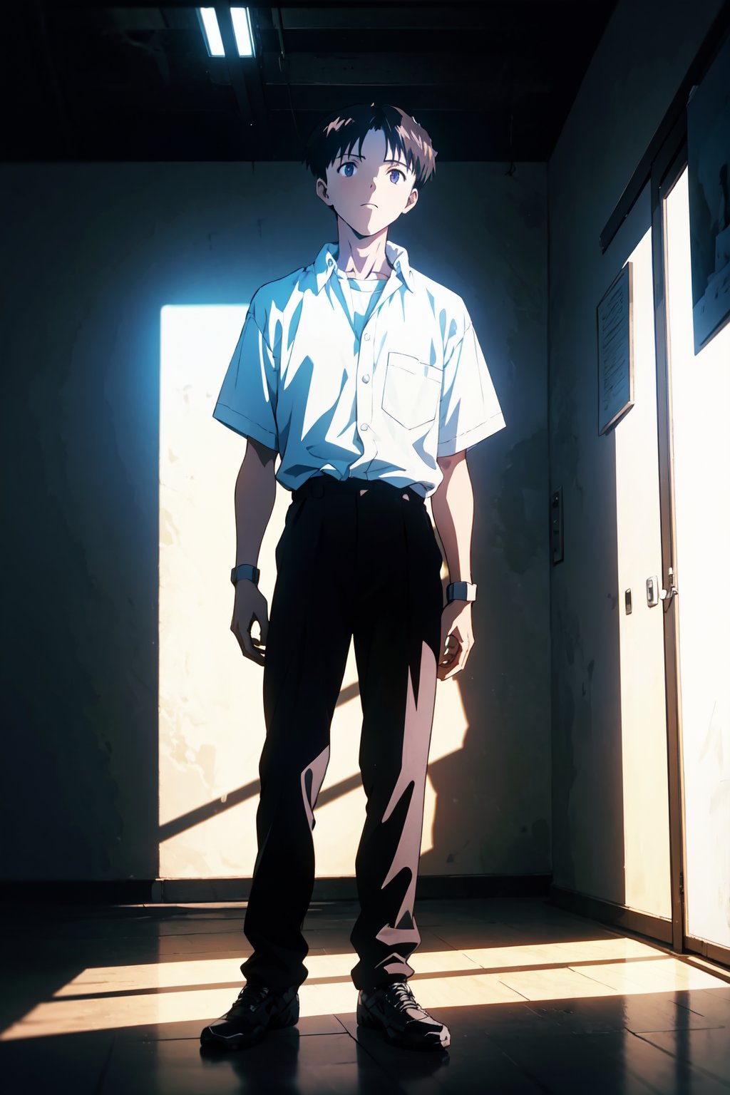 1boy,male, standing, (masterpiece, best quality), top quality, top resolution, sharp image, perfect details, perfect lighting, perfect shadows, perfect lighting, glowing skin,Shinji Ikari