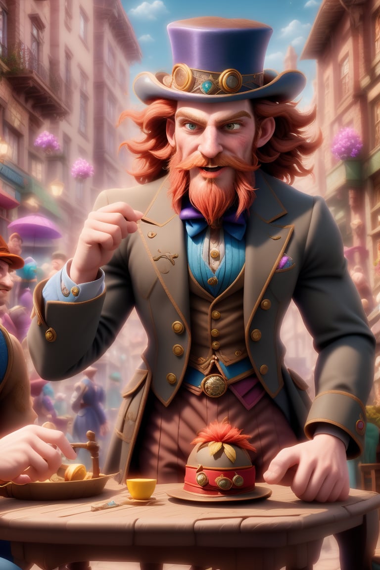 Herin, a rugged Welsh magician, sports a fiery beard and windswept hair as he conjures tricks at a bustling Victorian streetside table. Dapper in his top hat and cape, his eyes sparkle with focus and fun amidst the vibrant, high-res backdrop of a colorful street scene. Rendered in Renderman Engine's finest detail, Herin's intricate trickery is set against a faded cityscape, where Victorian-era pedestrians weave through the scenery, their faces aglow with wonder. The air pulses with magical energy, as joy and creativity radiate from this whimsical, original setting.